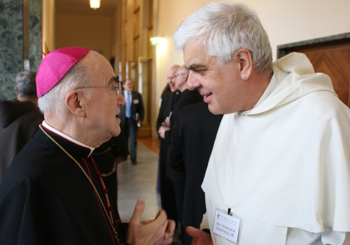 Archbishop Viganò converses with Father Wojciech Giertych, O.P., Theologian of the Papal Household.