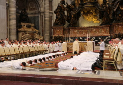 Those to be ordained lay prostrate as the Litany of the Saints is prayed.
